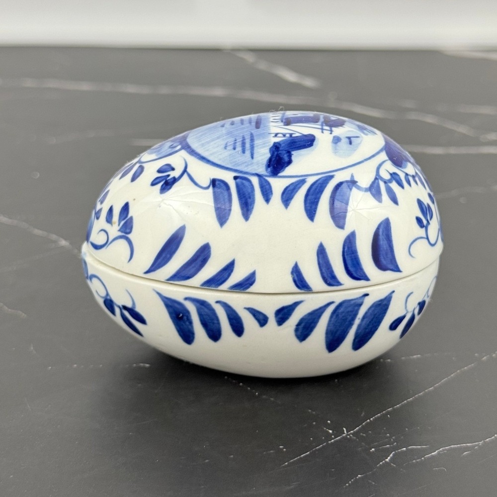 VTG Hand Painted Delfts Blue Holland Ceramic Blue White Windmill Egg Trinket Box
